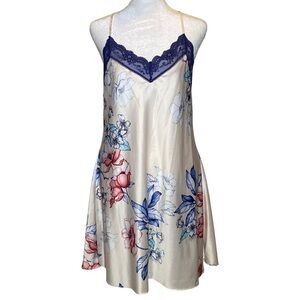 Linea Donatella Cream Floral Satin Chemise with Navy Lace Trim